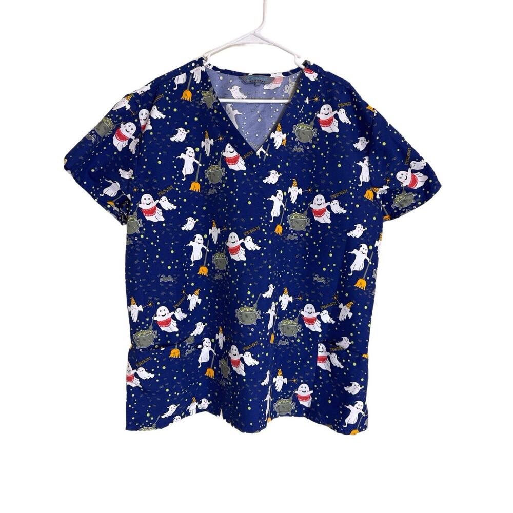 Serene Uniforms Womens Blue Ghost Themed Halloween Medical Scrub Top Shirt 2X‎